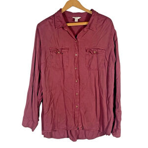 Cato 18 20W Top Button Up Rayon 1X 2X Dark Raspberry Pink Preppy Coastal Boho